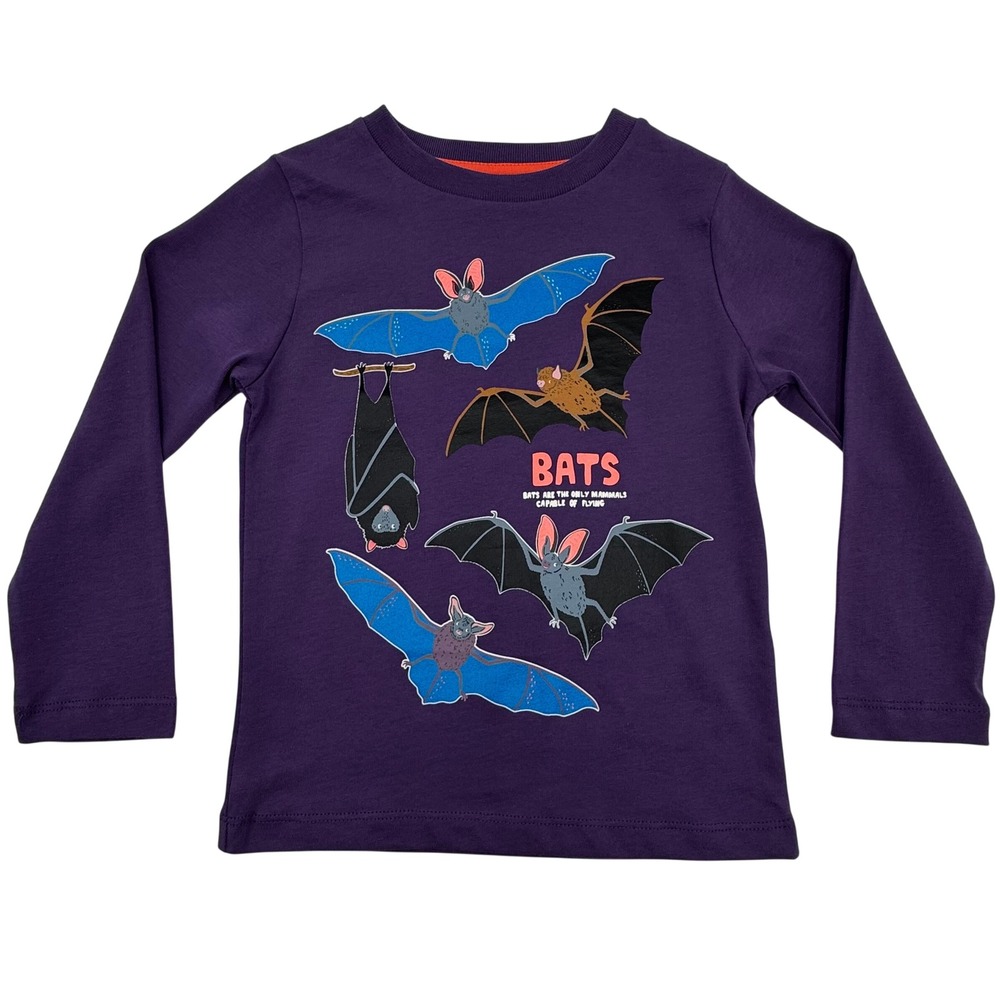 Mini Boden Bat Graphic Tee Long Sleeve Kids 2-3Y Purple Halloween Unisex Goth